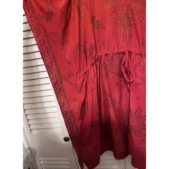 Red Priya One Size Floral BOHO Festival V Neck Kaftan Pullover Cover Up Tunic - Picture 5 of 6